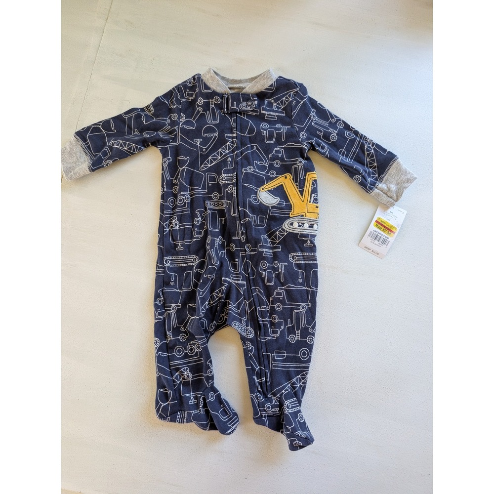 Carter's Footed Sleeper Baby Boy 3M Navy Construction Vehicle Zips Up w/ Tags PJ